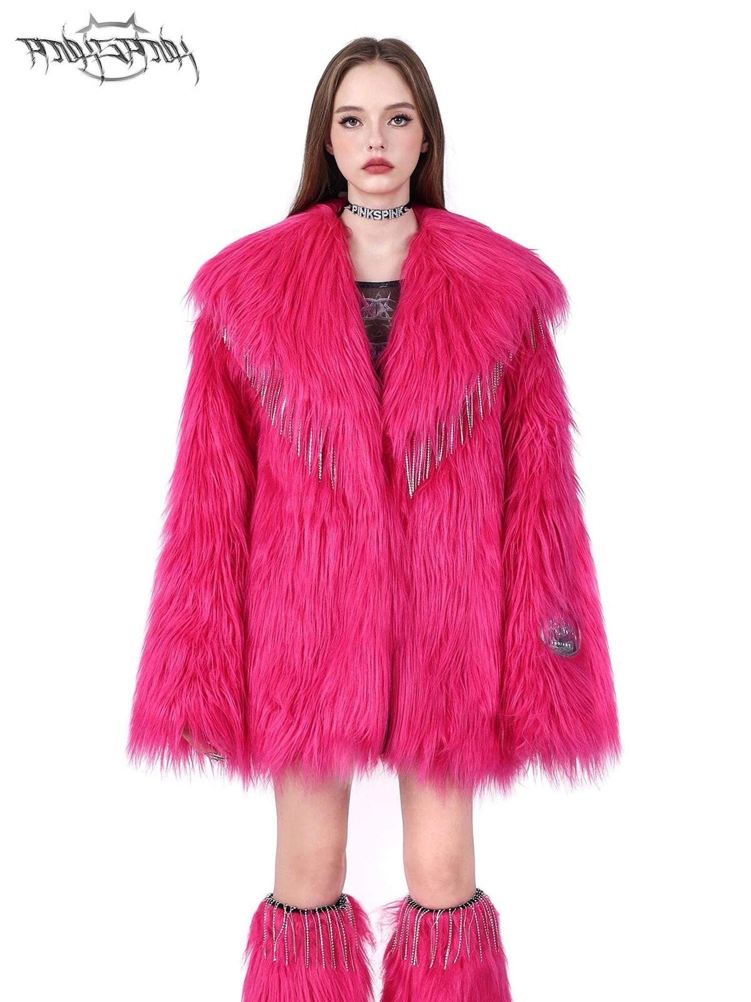 PINKSPINK Barbie Pink Rhinestone Tassel Structured Women's Faux Fur Coats