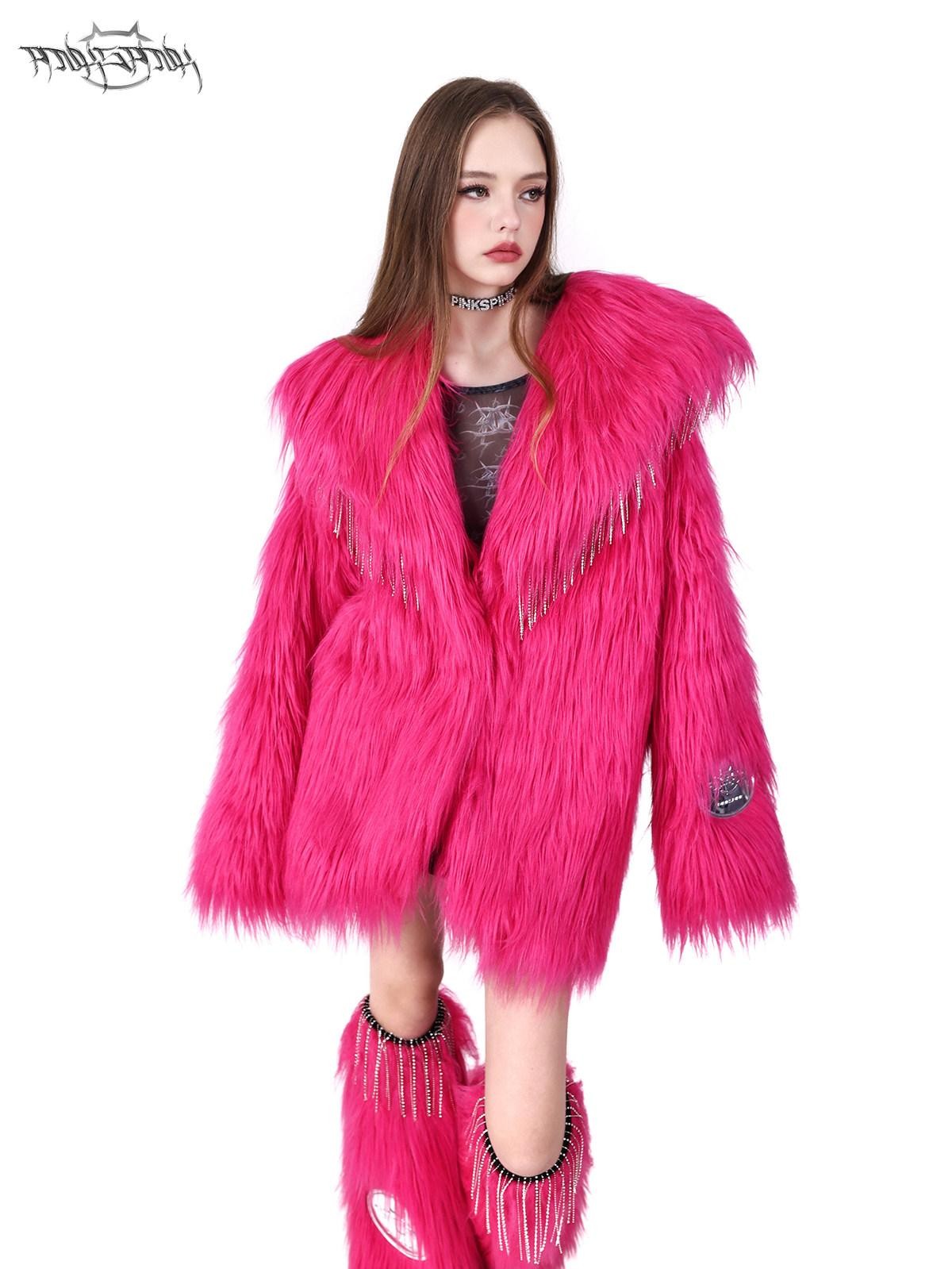 PINKSPINK Barbie Pink Rhinestone Tassel Structured Women's Faux Fur Coats