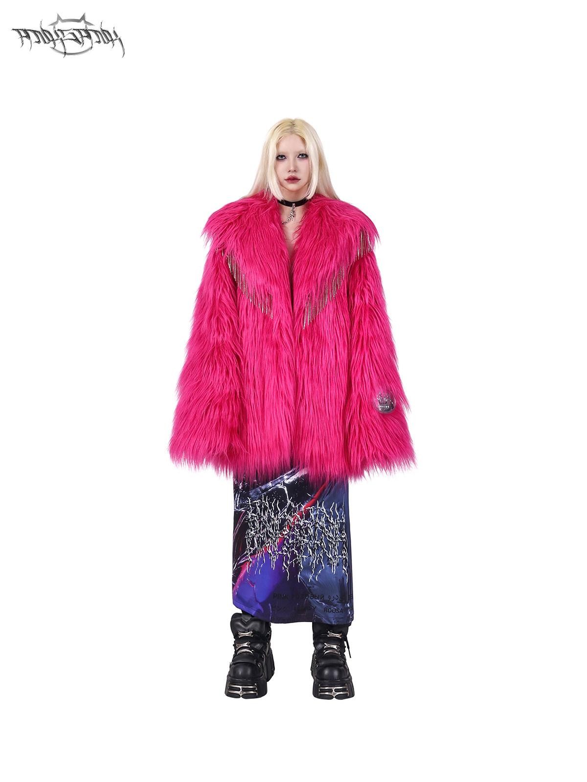 PINKSPINK Barbie Pink Rhinestone Tassel Structured Women's Faux Fur Coats