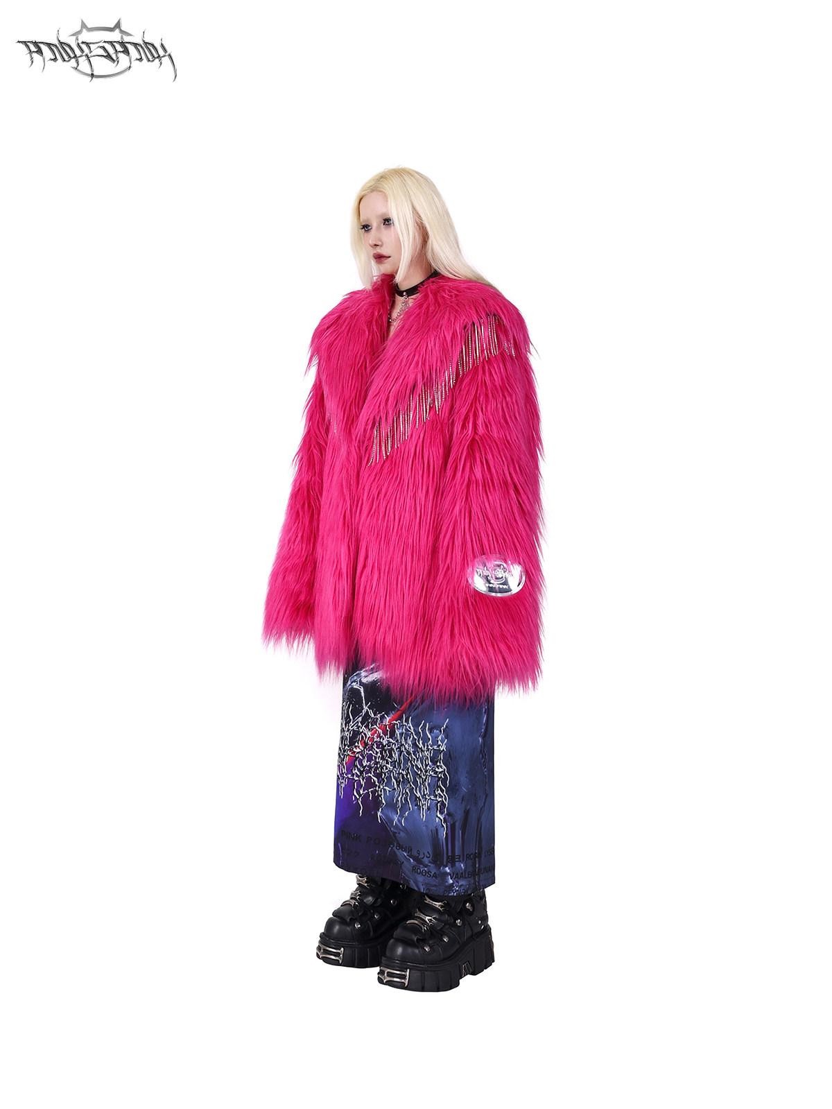 PINKSPINK Barbie Pink Rhinestone Tassel Structured Women's Faux Fur Coats
