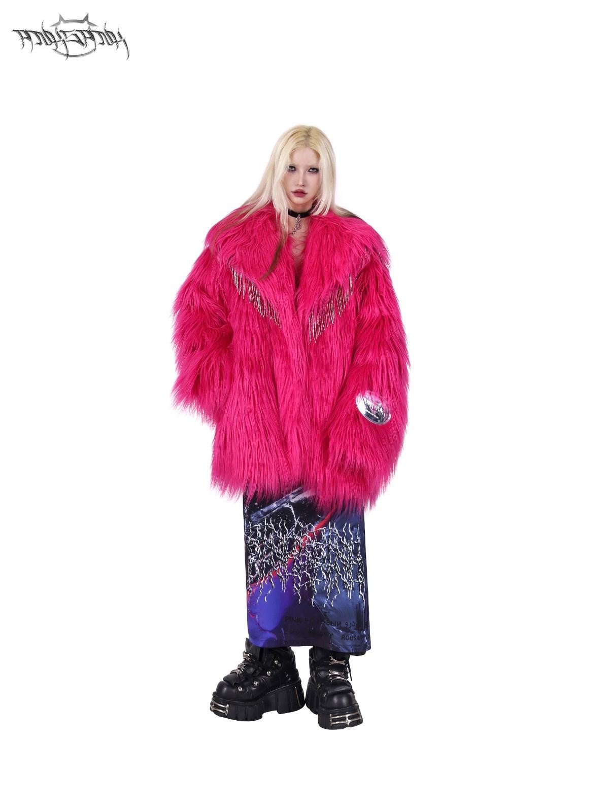 PINKSPINK Barbie Pink Rhinestone Tassel Structured Women's Faux Fur Coats