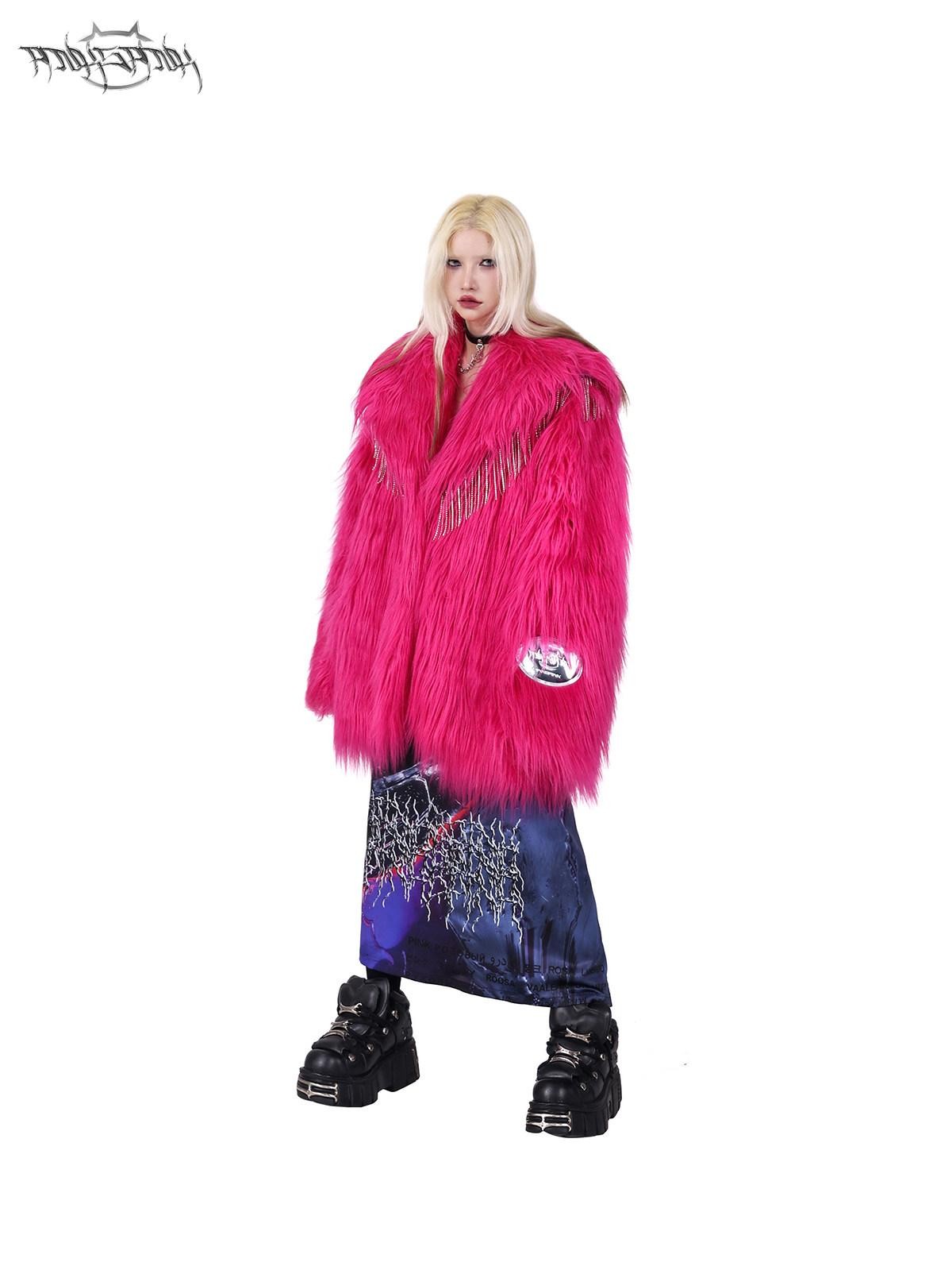 PINKSPINK Barbie Pink Rhinestone Tassel Structured Women's Faux Fur Coats