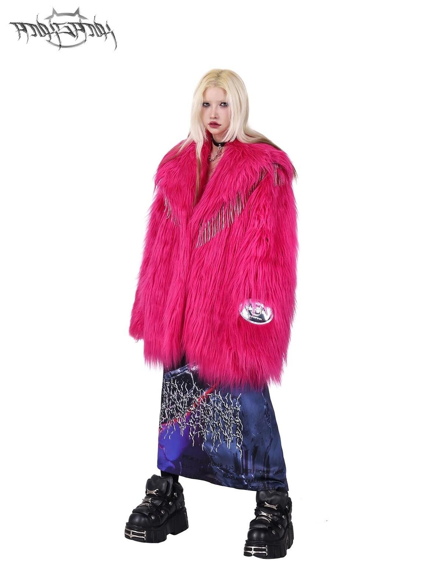PINKSPINK Barbie Pink Rhinestone Tassel Structured Women's Faux Fur Coats