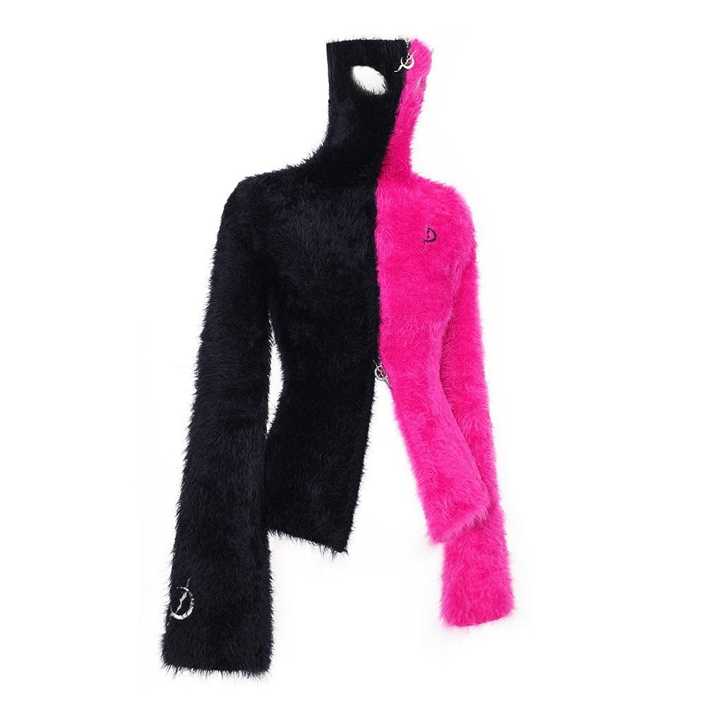 PINKSPINK_Barbie_Pink_Spliced_Hooded_Double_Zipper_Women's_Cotton_Turtleneck_Sweaters_695892091985_MISSTT