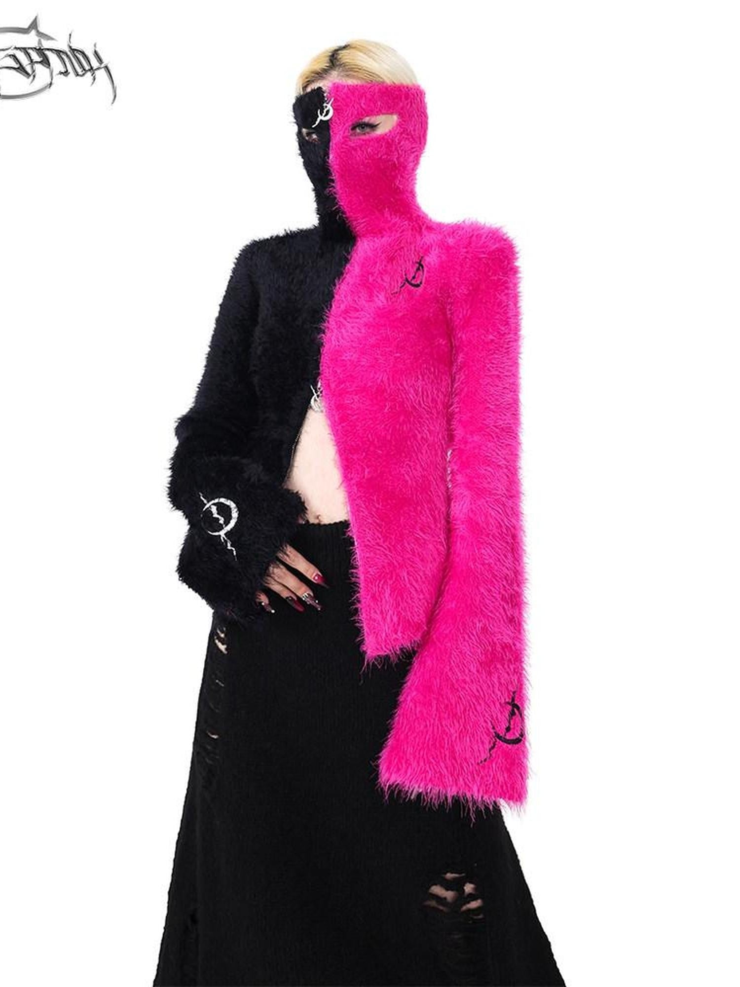 PINKSPINK Barbie Pink Spliced Hooded Double Zipper Women's Cotton Turtleneck Sweaters