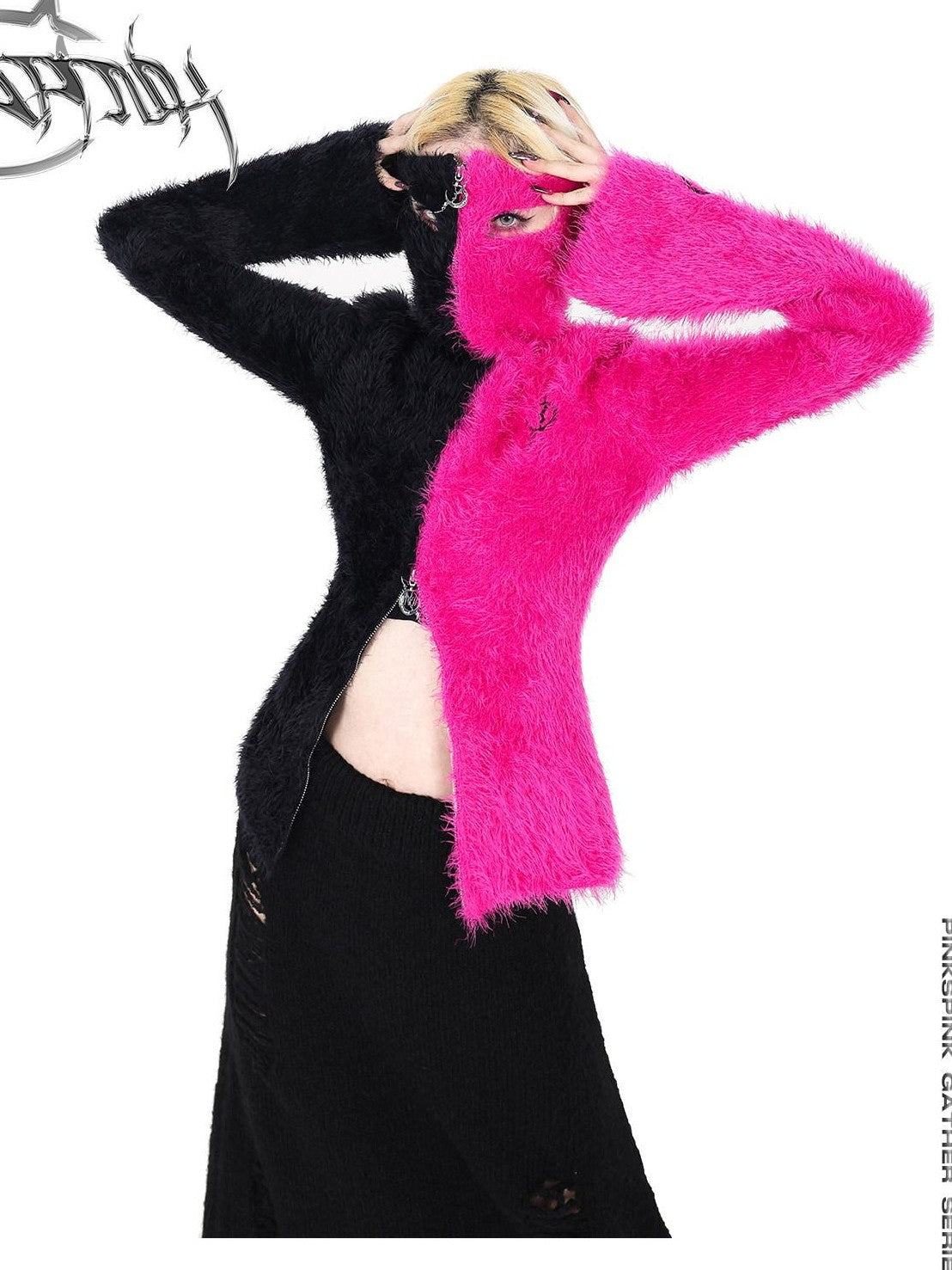 PINKSPINK Barbie Pink Spliced Hooded Double Zipper Women's Cotton Turtleneck Sweaters