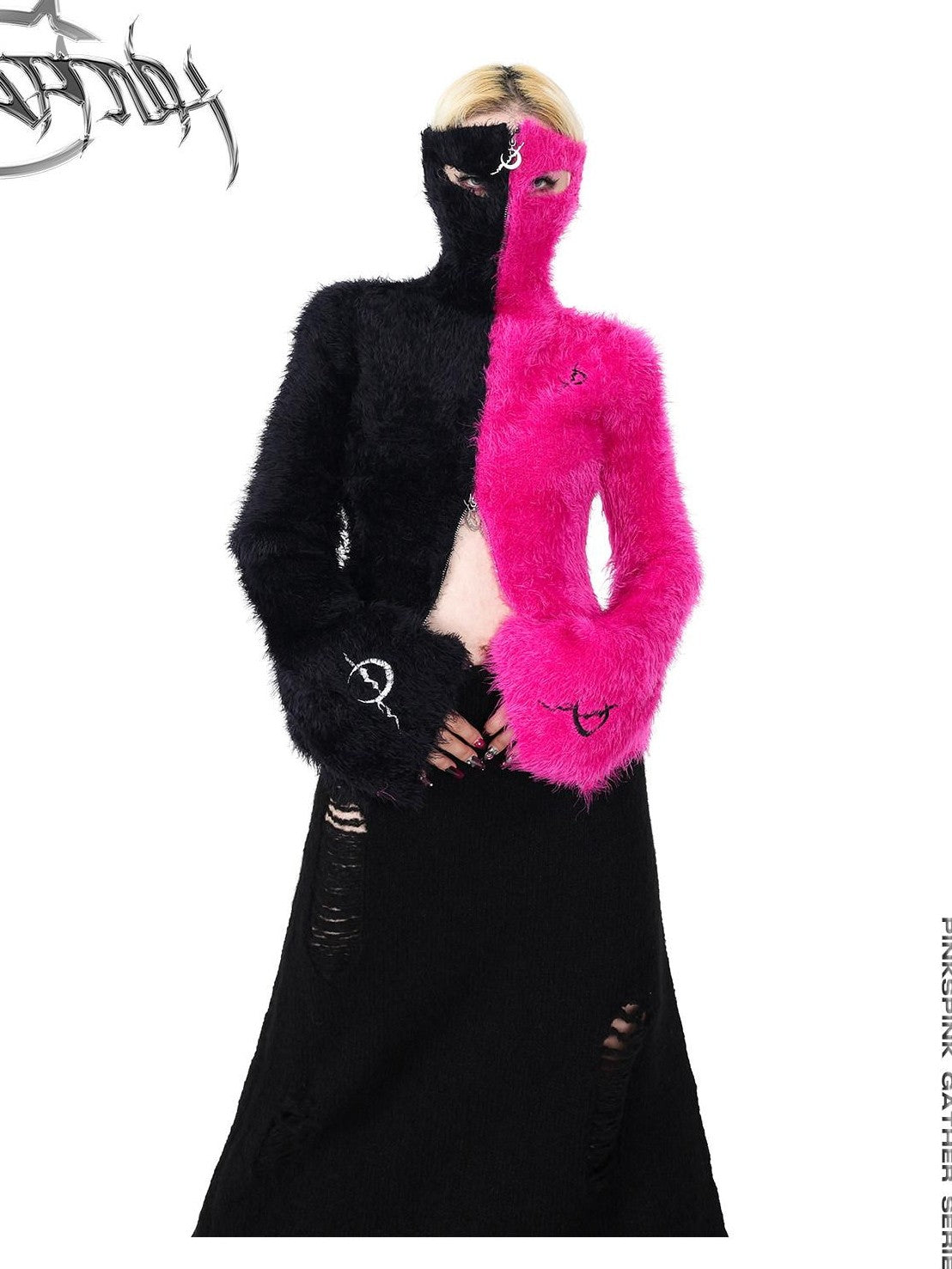 PINKSPINK Barbie Pink Spliced Hooded Double Zipper Women's Cotton Turtleneck Sweaters