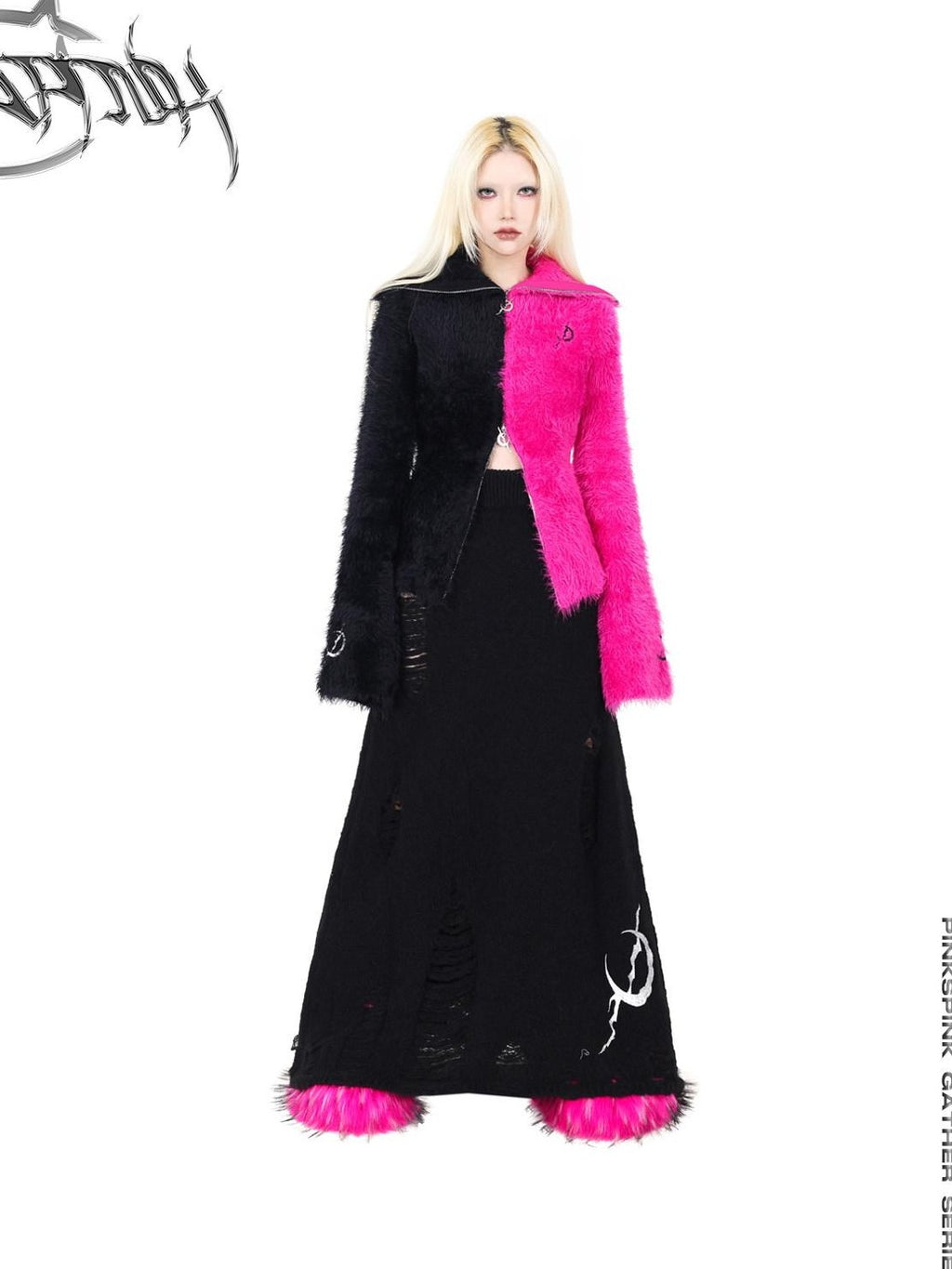 PINKSPINK Barbie Pink Spliced Hooded Double Zipper Women's Cotton Turtleneck Sweaters