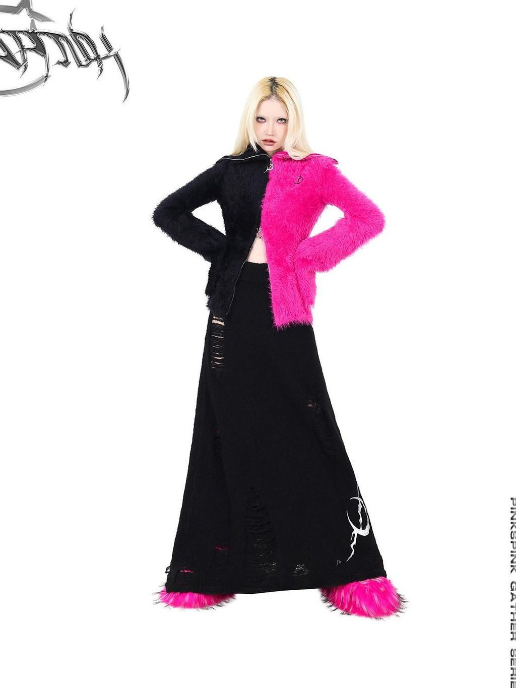 PINKSPINK Barbie Pink Spliced Hooded Double Zipper Women's Cotton Turtleneck Sweaters
