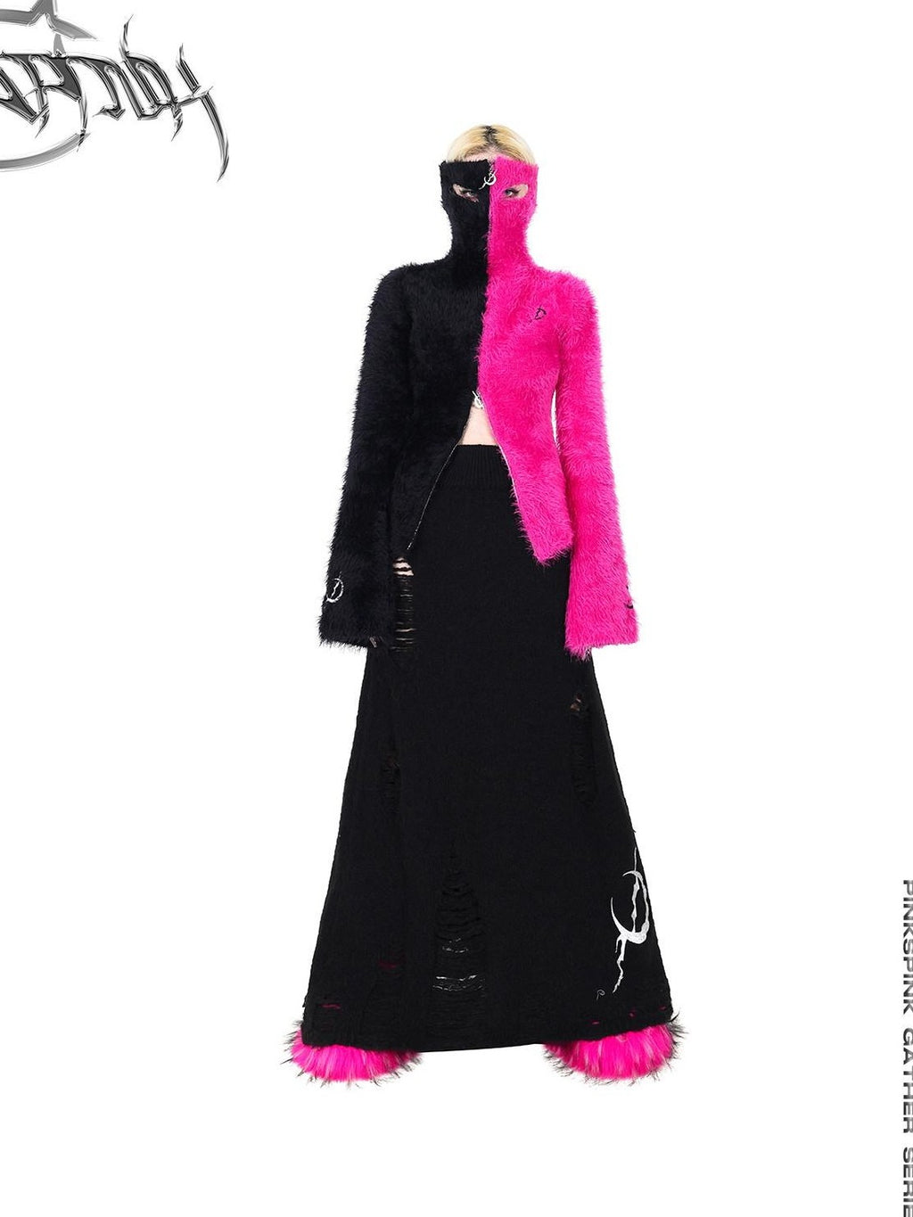 PINKSPINK Barbie Pink Spliced Hooded Double Zipper Women's Cotton Turtleneck Sweaters