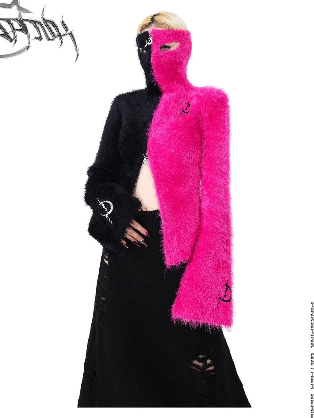 PINKSPINK Barbie Pink Spliced Hooded Double Zipper Women's Cotton Turtleneck Sweaters