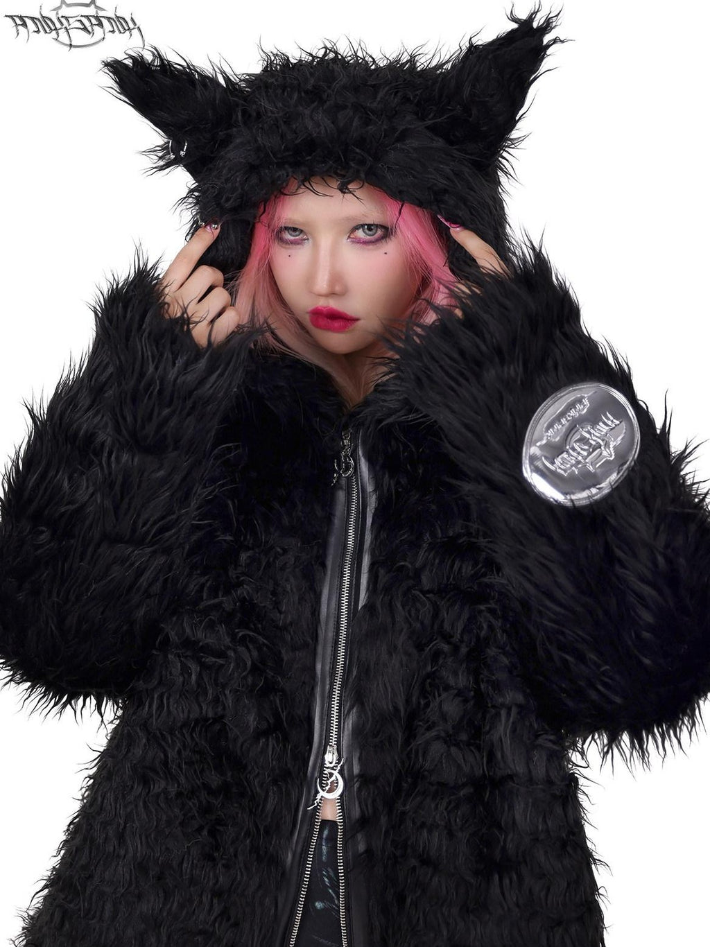 PINKSPINK Black 3d Cat Ear Hood Studded Brow Punk Loose Women's Faux Fur Fleece Jackets