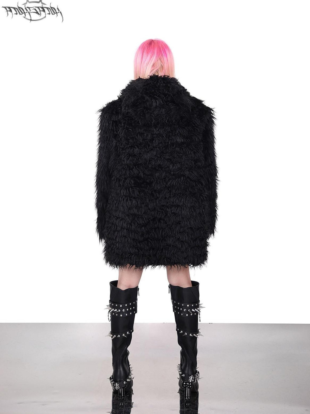 PINKSPINK Black 3d Cat Ear Hood Studded Brow Punk Loose Women's Faux Fur Fleece Jackets