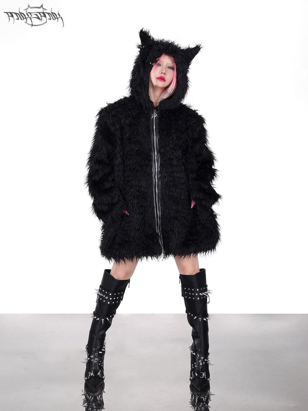PINKSPINK Black 3d Cat Ear Hood Studded Brow Punk Loose Women's Faux Fur Fleece Jackets