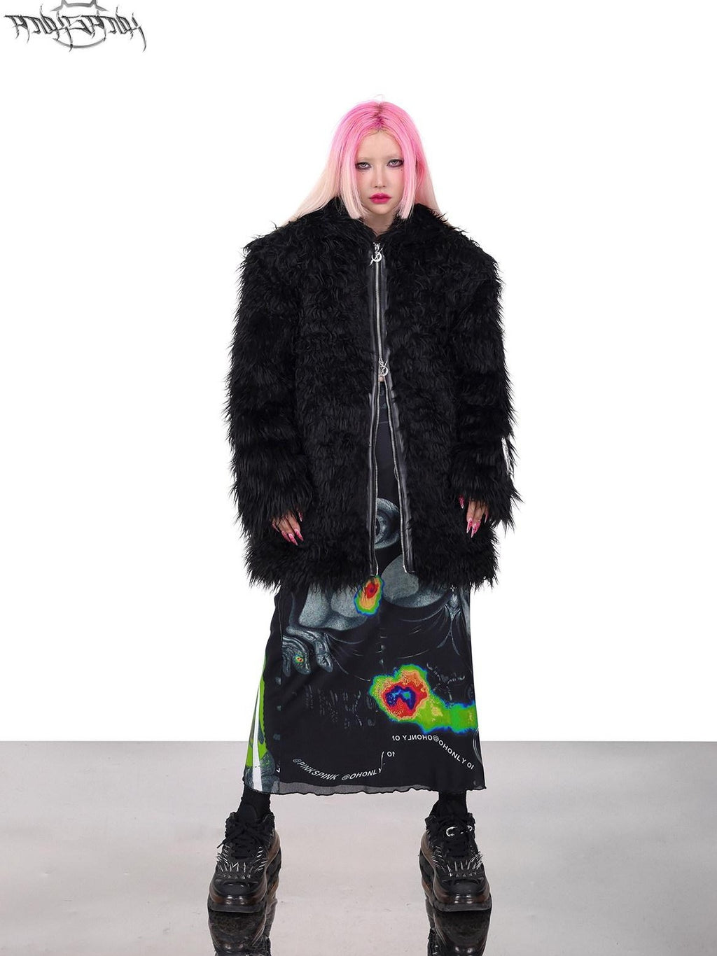 PINKSPINK Black 3d Cat Ear Hood Studded Brow Punk Loose Women's Faux Fur Fleece Jackets