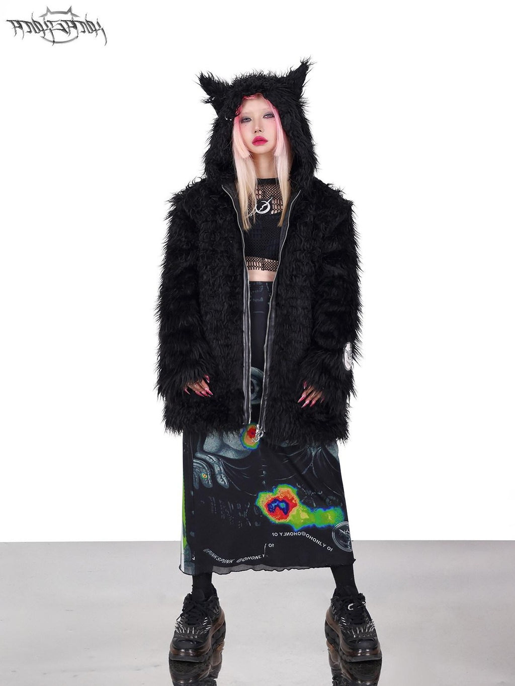 PINKSPINK Black 3d Cat Ear Hood Studded Brow Punk Loose Women's Faux Fur Fleece Jackets