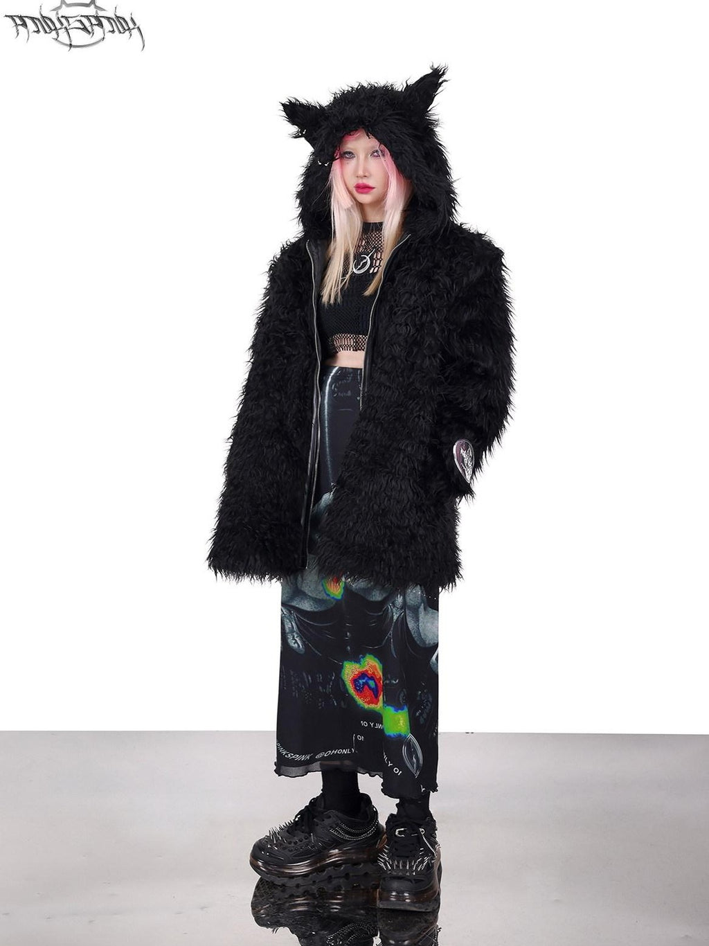 PINKSPINK Black 3d Cat Ear Hood Studded Brow Punk Loose Women's Faux Fur Fleece Jackets