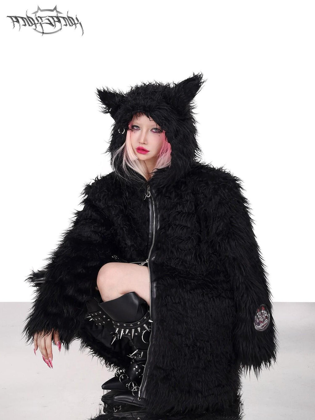 PINKSPINK Black 3d Cat Ear Hood Studded Brow Punk Loose Women's Faux Fur Fleece Jackets