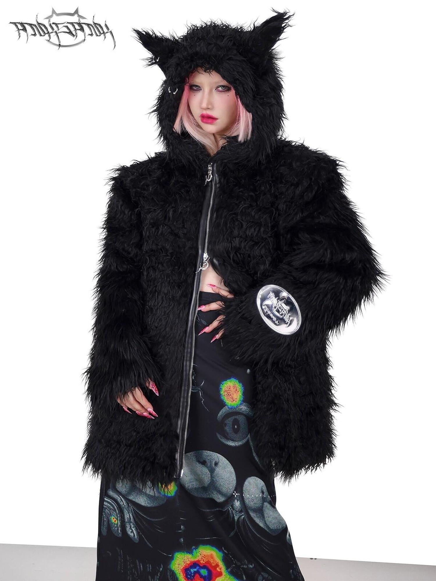PINKSPINK Black 3d Cat Ear Hood Studded Brow Punk Loose Women's Faux Fur Fleece Jackets