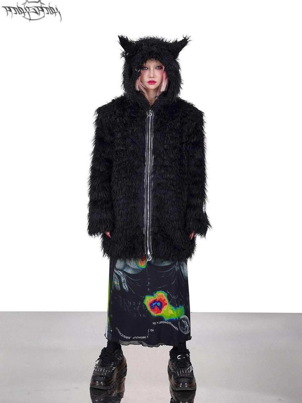 PINKSPINK Black 3d Cat Ear Hood Studded Brow Punk Loose Women's Faux Fur Fleece Jackets