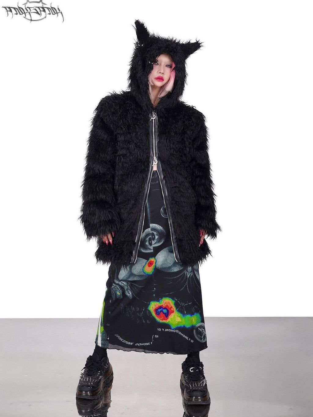 PINKSPINK Black 3d Cat Ear Hood Studded Brow Punk Loose Women's Faux Fur Fleece Jackets