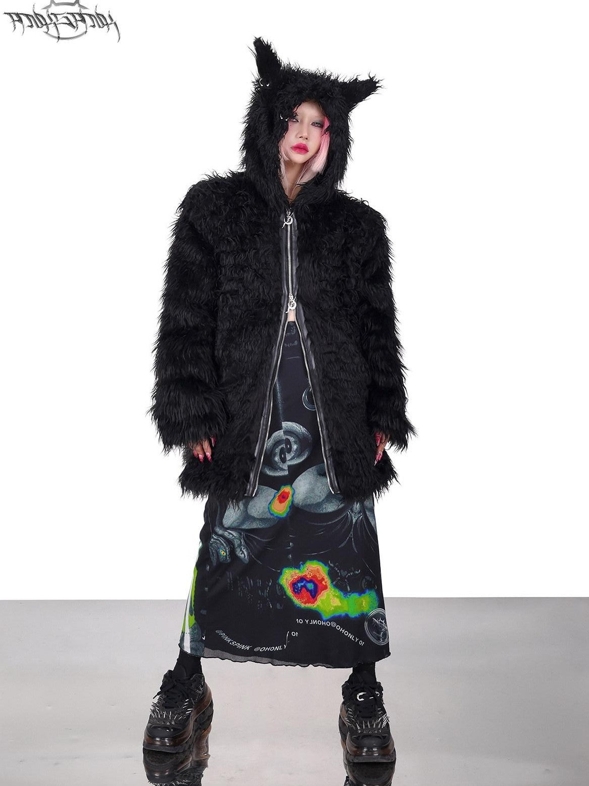 PINKSPINK Black 3d Cat Ear Hood Studded Brow Punk Loose Women's Faux Fur Fleece Jackets