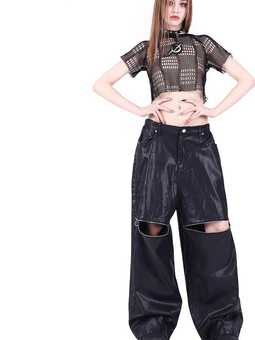 PINKSPINK Black 3d Geometric Asymmetric Distressed Ripped Women's Mesh Crop Tops