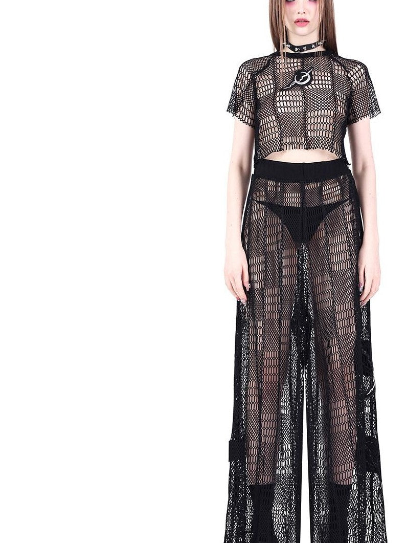 PINKSPINK Black 3d Geometric Asymmetric Distressed Ripped Women's Mesh Crop Tops