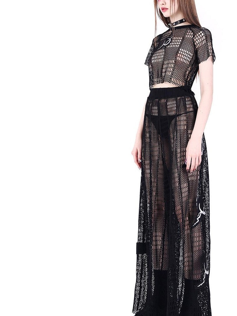 PINKSPINK Black 3d Geometric Asymmetric Distressed Ripped Women's Mesh Crop Tops