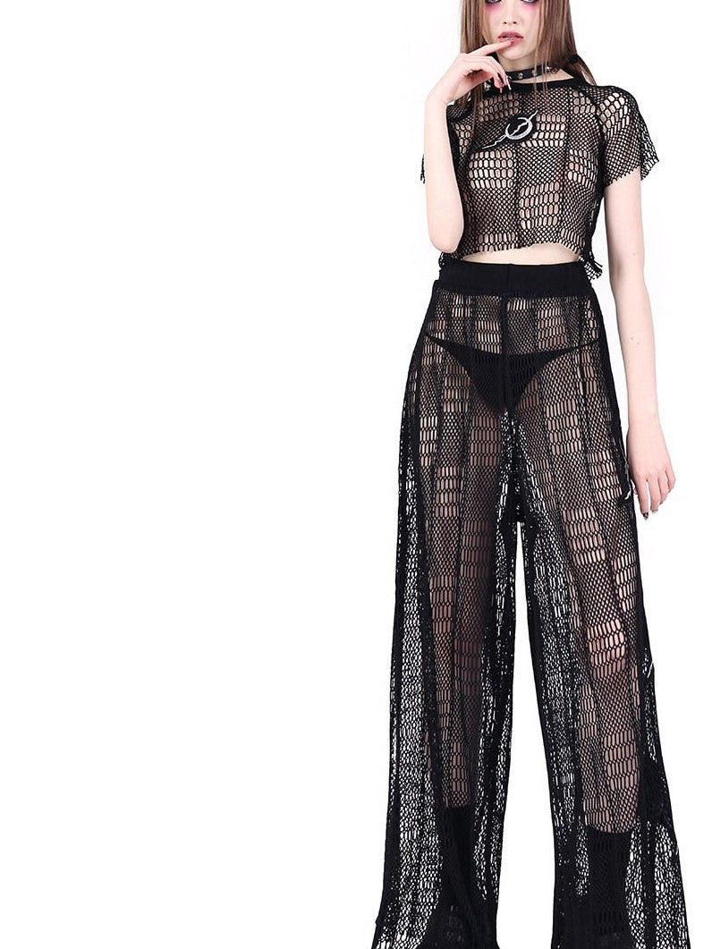 PINKSPINK Black 3d Geometric Asymmetric Distressed Ripped Women's Mesh Crop Tops