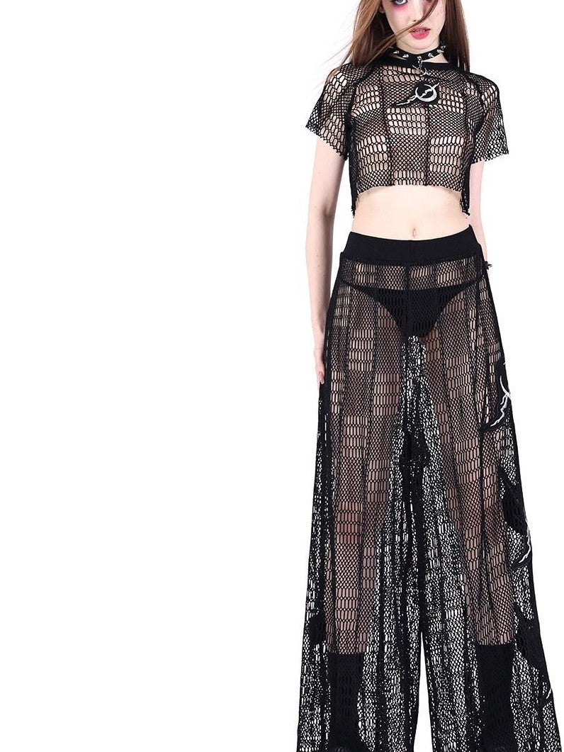 PINKSPINK Black 3d Geometric Asymmetric Distressed Ripped Women's Mesh Crop Tops