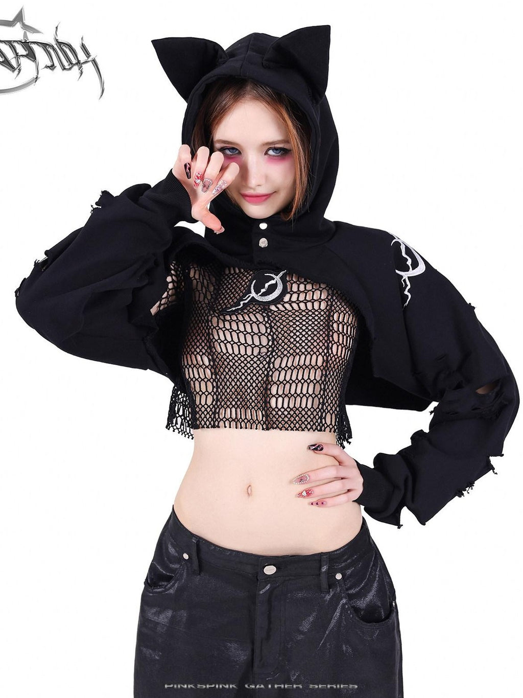 PINKSPINK Black 3d Geometric Asymmetric Distressed Ripped Women's Mesh Crop Tops