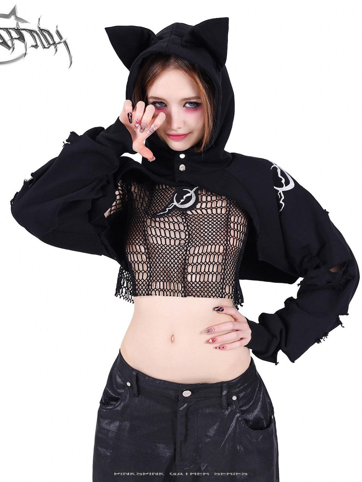 PINKSPINK Black 3d Geometric Asymmetric Distressed Ripped Women's Mesh Crop Tops