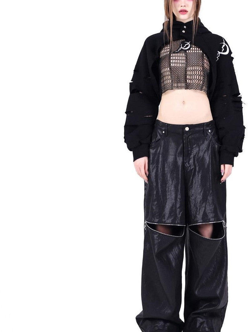PINKSPINK Black 3d Geometric Asymmetric Distressed Ripped Women's Mesh Crop Tops