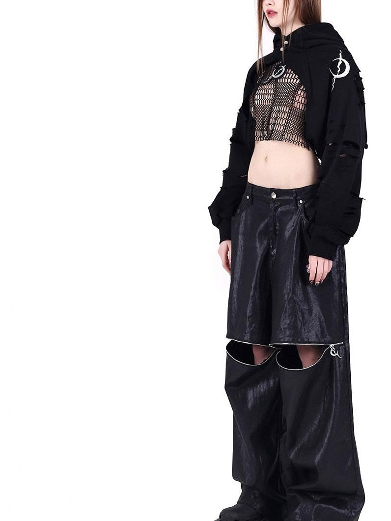 PINKSPINK Black 3d Geometric Asymmetric Distressed Ripped Women's Mesh Crop Tops