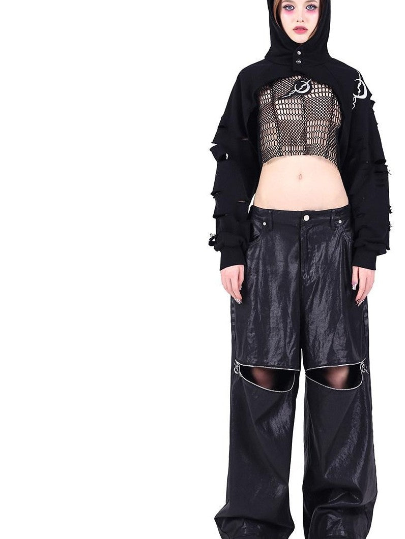 PINKSPINK Black 3d Geometric Asymmetric Distressed Ripped Women's Mesh Crop Tops