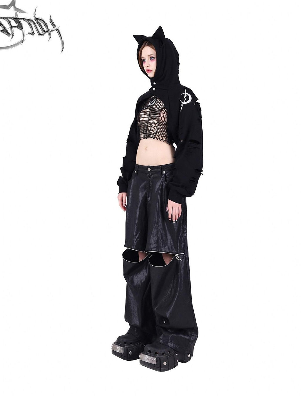 PINKSPINK Black 3d Geometric Asymmetric Distressed Ripped Women's Mesh Crop Tops