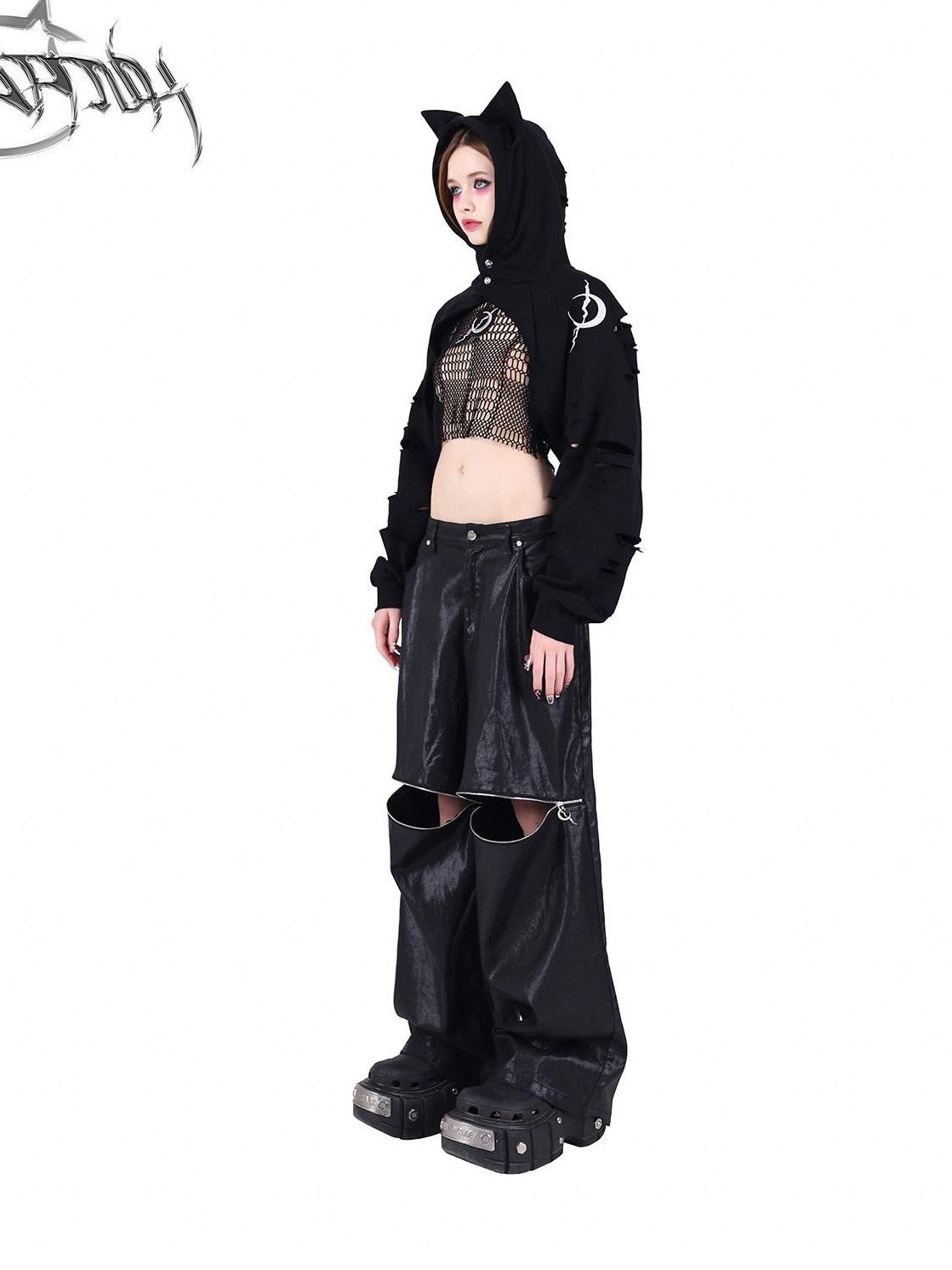 PINKSPINK Black 3d Geometric Asymmetric Distressed Ripped Women's Mesh Crop Tops