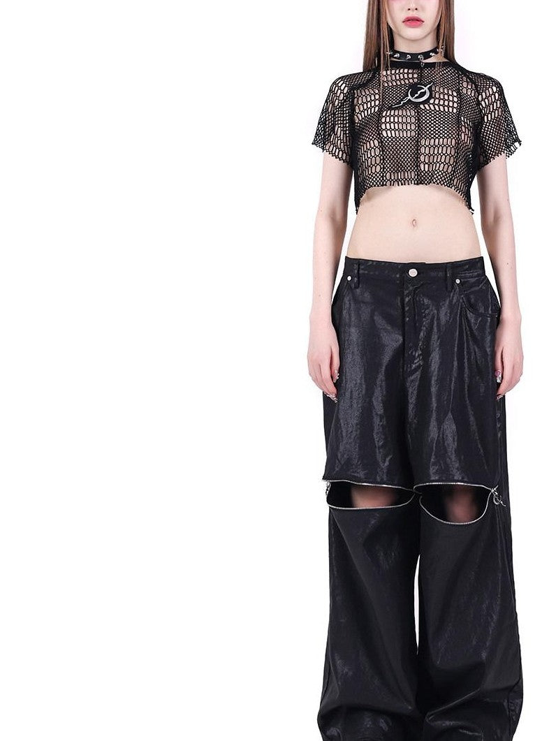 PINKSPINK Black 3d Geometric Asymmetric Distressed Ripped Women's Mesh Crop Tops