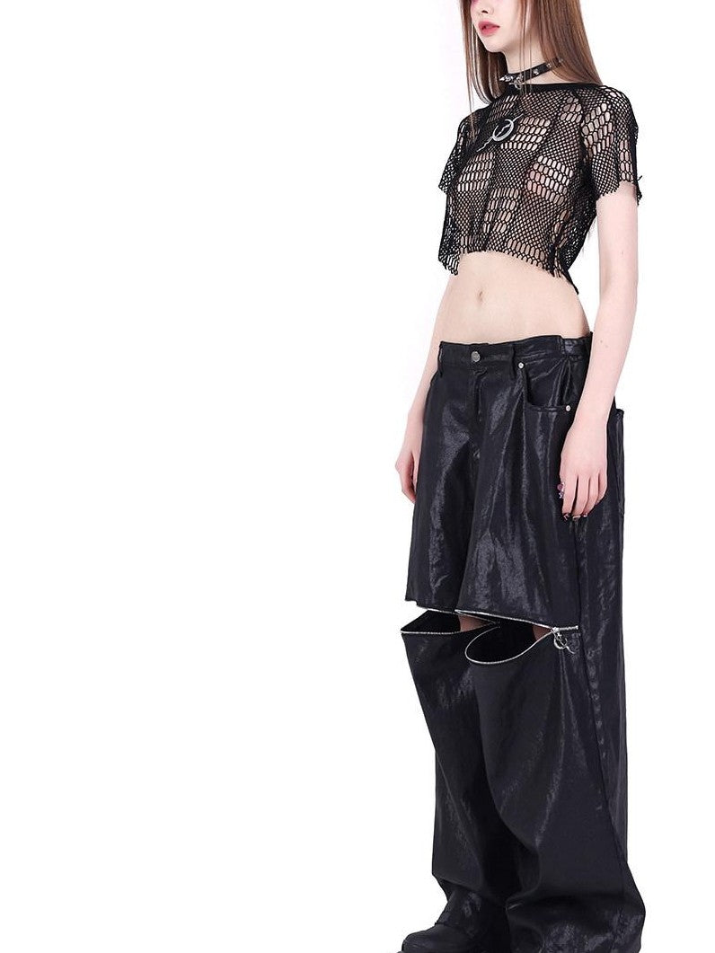 PINKSPINK Black 3d Geometric Asymmetric Distressed Ripped Women's Mesh Crop Tops