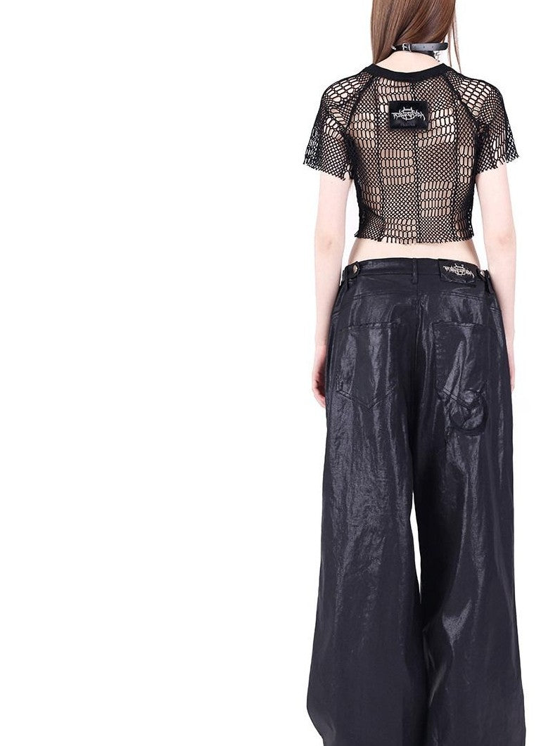 PINKSPINK Black 3d Geometric Asymmetric Distressed Ripped Women's Mesh Crop Tops