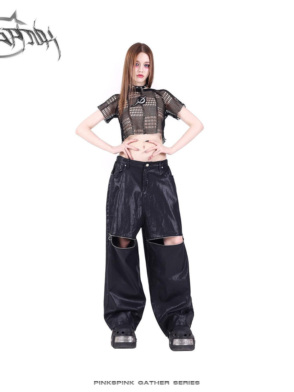 PINKSPINK Black 3d Geometric Distressed Asymmetric Graphic Women's Mesh Crop Tops