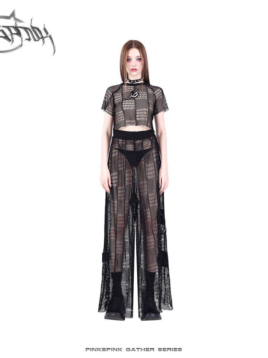 PINKSPINK Black 3d Geometric Distressed Asymmetric Graphic Women's Mesh Crop Tops