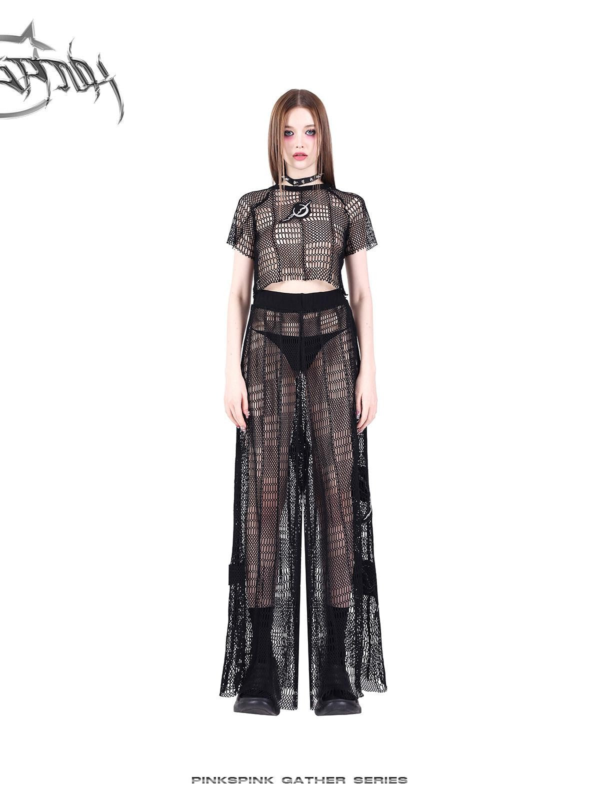 PINKSPINK Black 3d Geometric Distressed Asymmetric Graphic Women's Mesh Crop Tops