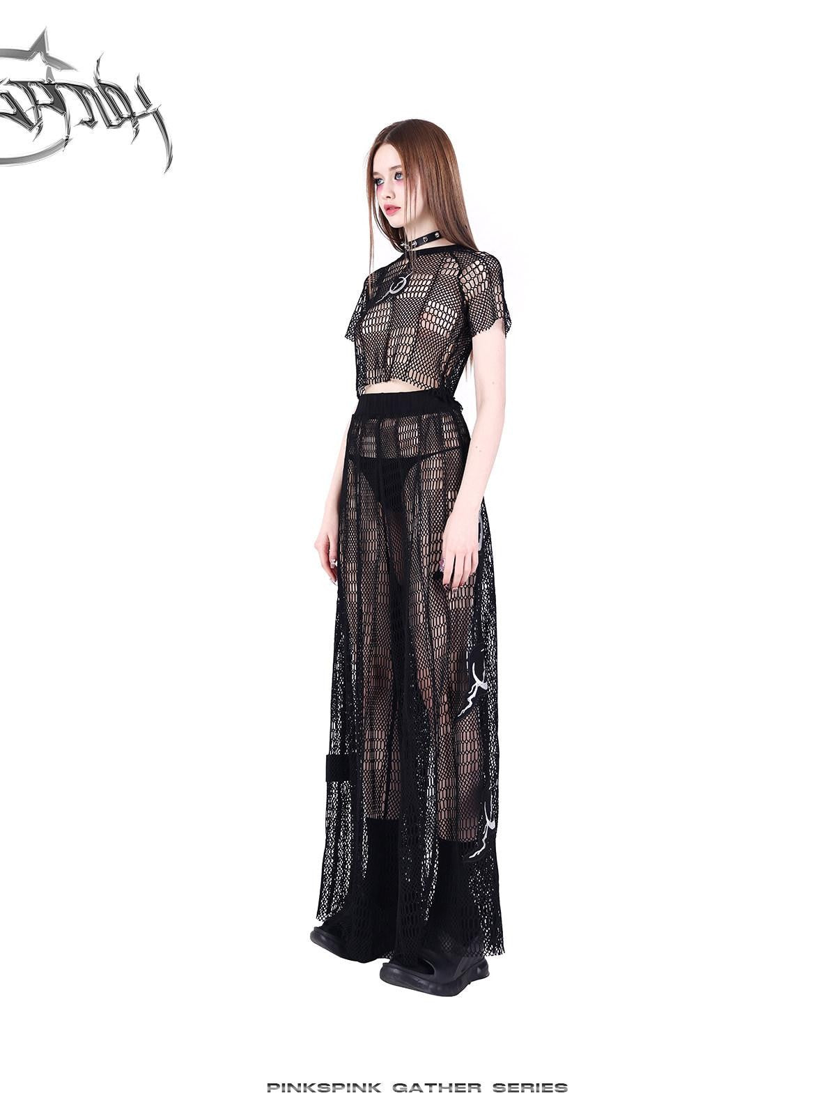 PINKSPINK Black 3d Geometric Distressed Asymmetric Graphic Women's Mesh Crop Tops
