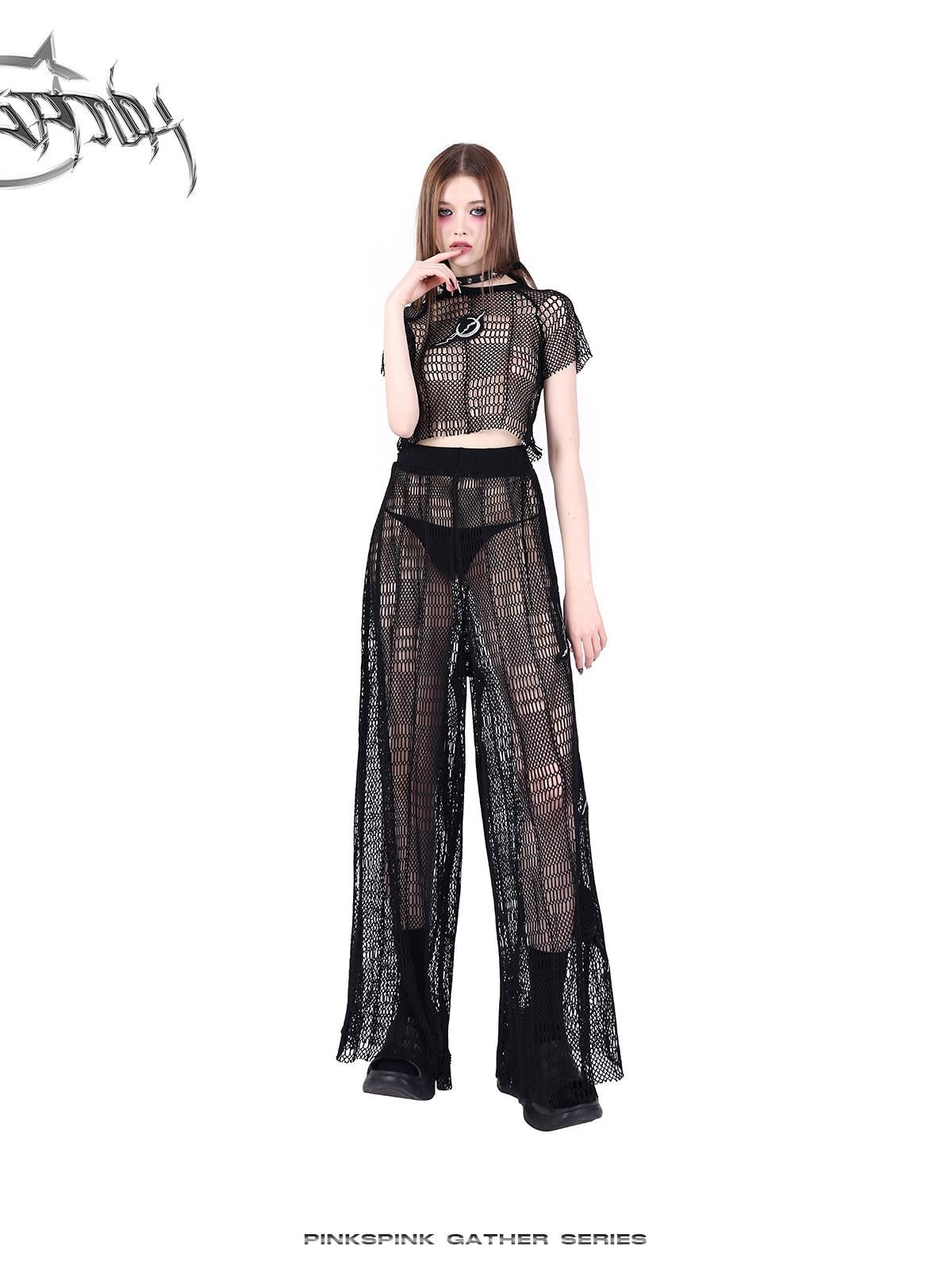 PINKSPINK Black 3d Geometric Distressed Asymmetric Graphic Women's Mesh Crop Tops