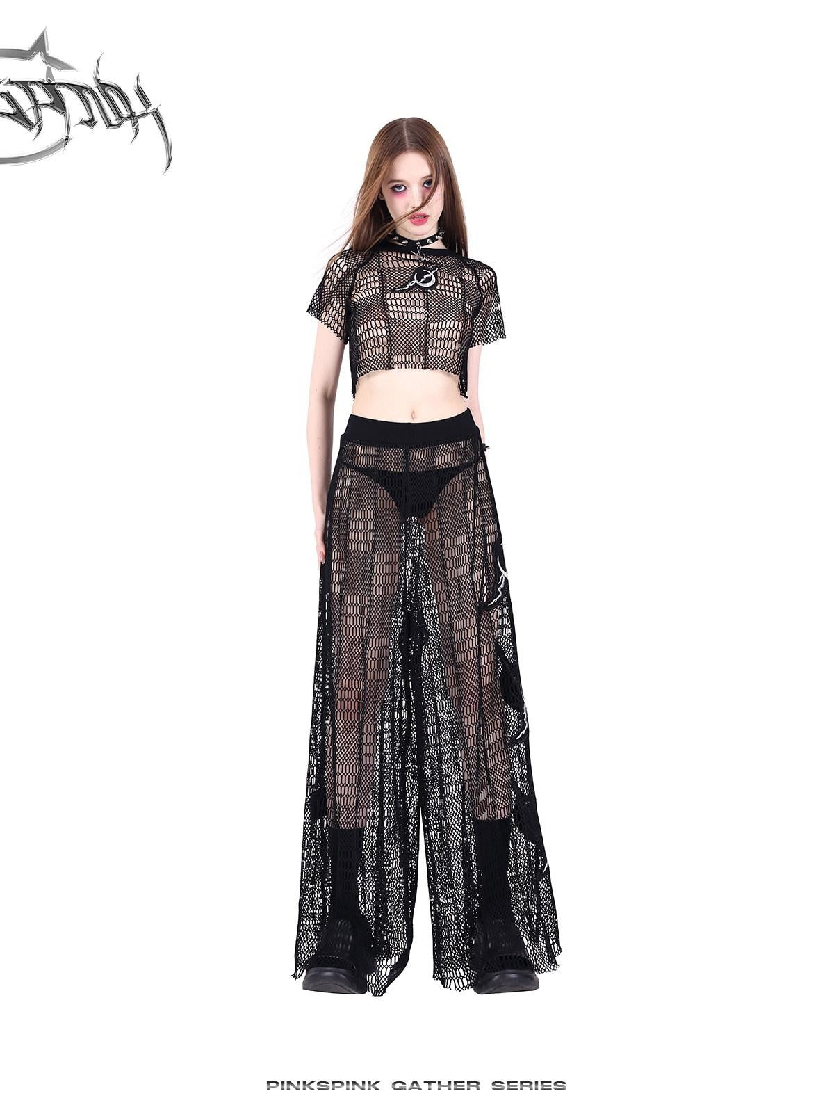 PINKSPINK Black 3d Geometric Distressed Asymmetric Graphic Women's Mesh Crop Tops