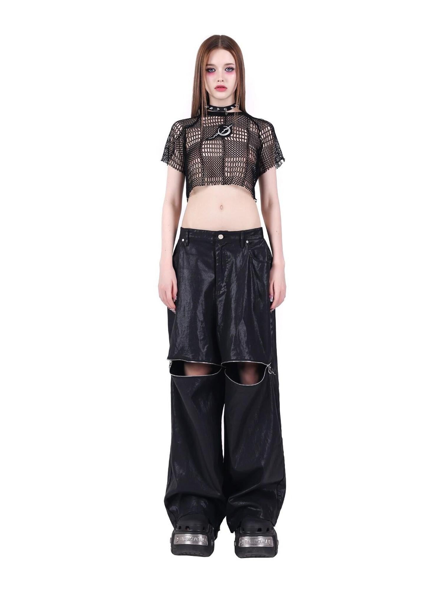 PINKSPINK Black 3d Geometric Distressed Asymmetric Graphic Women's Mesh Crop Tops