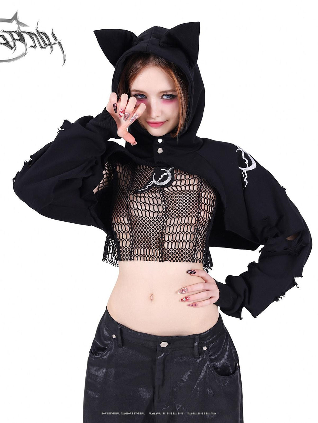 PINKSPINK Black 3d Geometric Distressed Asymmetric Graphic Women's Mesh Crop Tops
