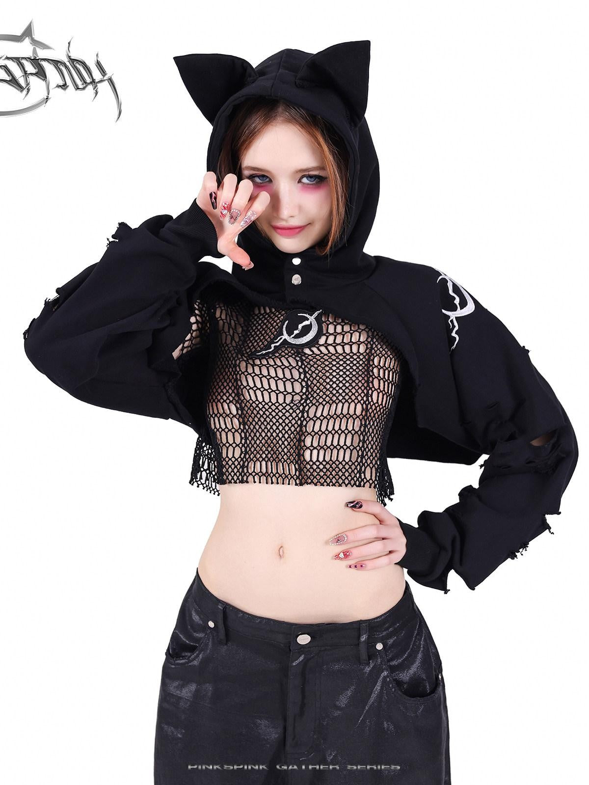 PINKSPINK Black 3d Geometric Distressed Asymmetric Graphic Women's Mesh Crop Tops